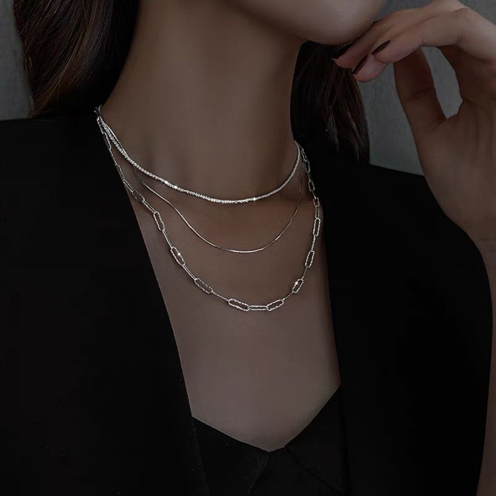 Brand New 925 Sterling Silver Layered Necklace Sparking 3pc Set Minimalist Chain - Picture 7 of 9